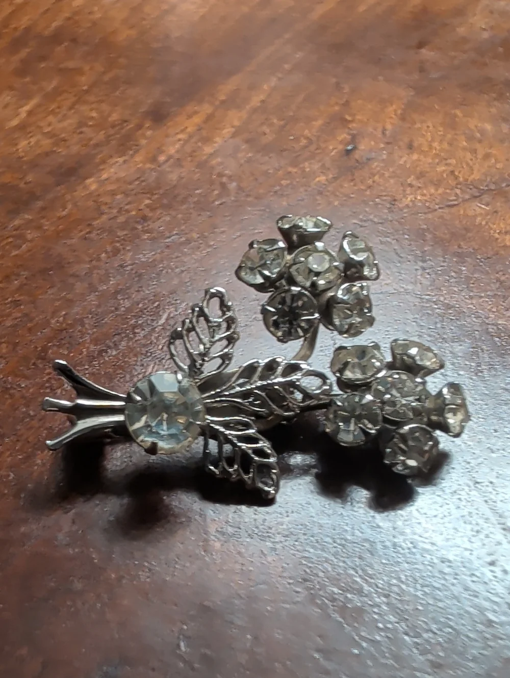 Vintage Silvertone Floral Pin Rhinestone Brooch 1.5